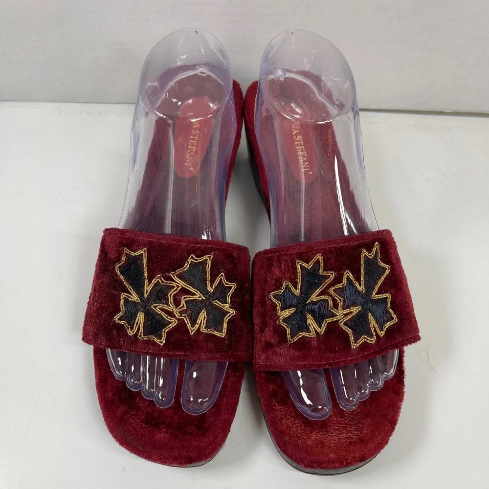 Vintage Luca Stefani Cross Velvet Wedge Sandals Women 41/10 Red Gothic Slides